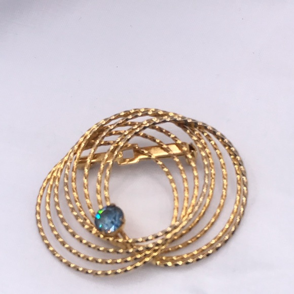 Gold-tone Circular Brooch with Blue Rhinestone - Picture 5 of 5
